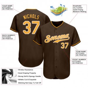 Custom Brown Gold-White Authentic Baseball Jersey - image 3