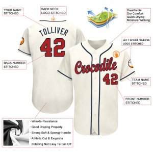 Custom Cream Red-Navy Baseball Jersey - image 3