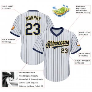 Custom White Navy Strip Navy-Gold Authentic Throwback Rib-Knit Baseball Jersey Shirt - image 4