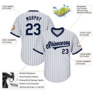 Custom White Navy Strip Navy-Gray Authentic Throwback Rib-Knit Baseball Jersey Shirt - image 4
