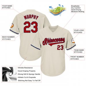 Custom Cream Red-Navy Authentic Throwback Rib-Knit Baseball Jersey Shirt - image 4