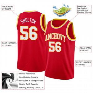 Custom Red White-Gold Round Neck Rib-Knit Basketball Jersey - image 3