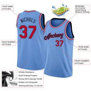 Custom Light Blue Red-Navy Round Neck Rib-Knit Basketball Jersey - image 4