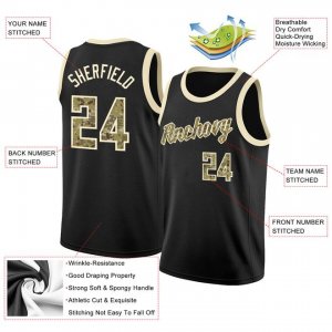 Custom Black Camo-Cream Round Neck Rib-Knit Basketball Jersey - image 4