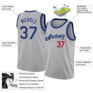 Custom Silver Gray Royal-Red Round Neck Rib-Knit Basketball Jersey - image 4
