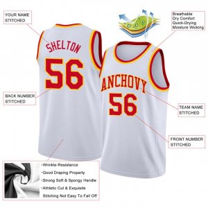 Custom White Red-Gold Round Neck Rib-Knit Basketball Jersey - image 4