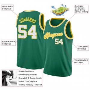 Custom Kelly Green White-Gold Round Neck Rib-Knit Basketball Jersey - image 4