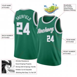 Custom Kelly Green White-Silver Gray Round Neck Rib-Knit Basketball Jersey - image 4