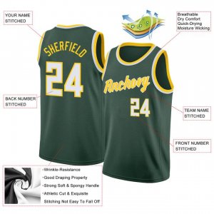 Custom Hunter Green White-Gold Round Neck Rib-Knit Basketball Jersey - image 4