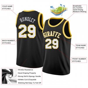 Custom Black White-Gold Round Neck Rib-Knit Basketball Jersey - image 4