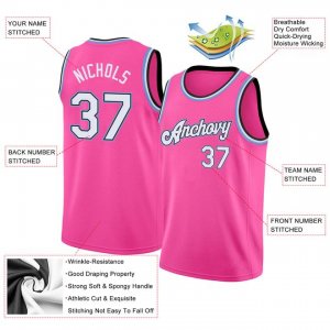 Custom Pink White-Light Blue Round Neck Rib-Knit Basketball Jersey - image 4