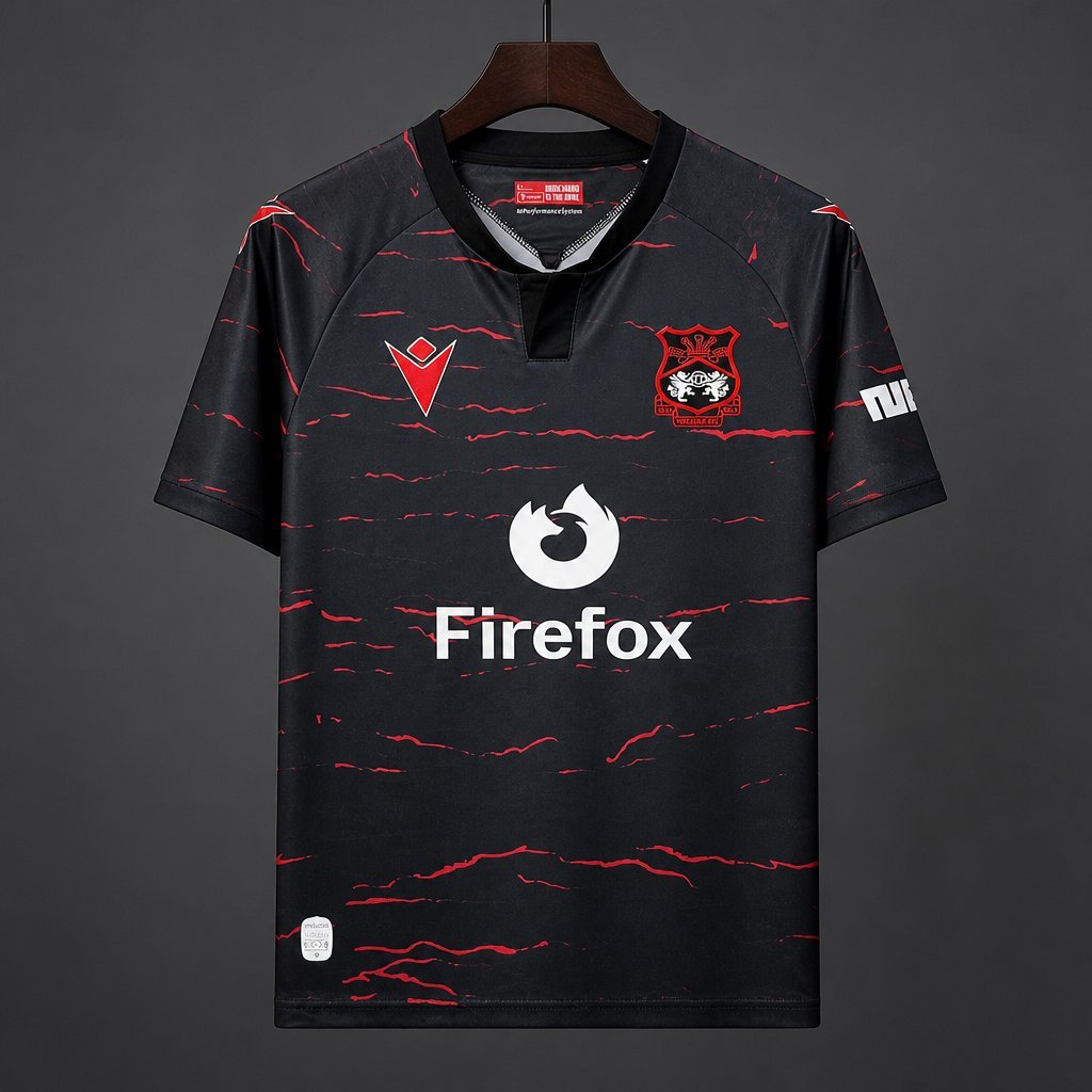 Premier League - 26-27 Wrexham AFC Black with Red Wave Pattern Away Jersey