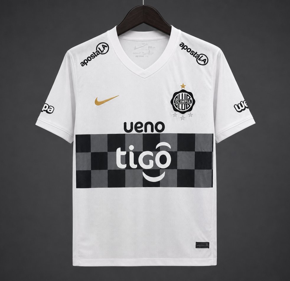 Paraguay - 26-27 Olimpia Home White with Black Checkered Panel Jersey